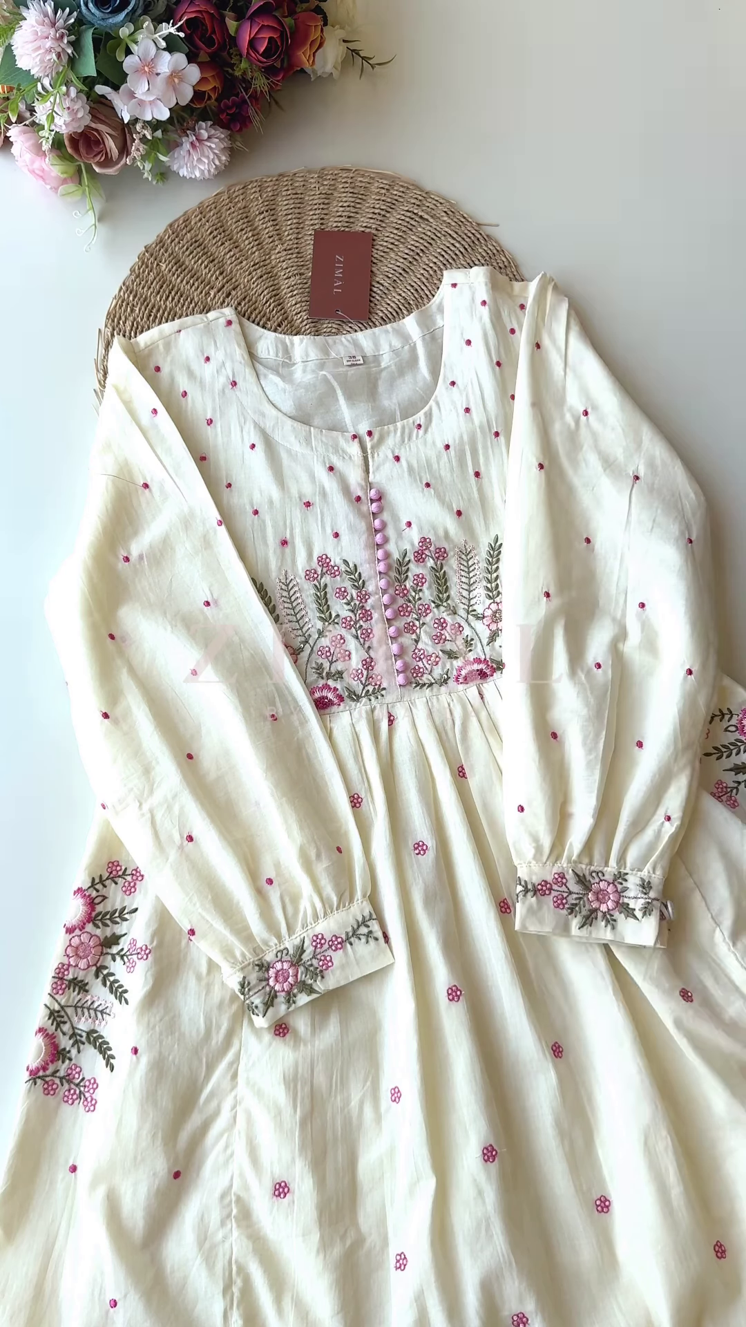 Women’s Light Green Floral Embroidered Long Kurti – Pastel Ethnicwear with White-Pink Motifs & Sleeve Detailing - Image 7