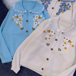Embroidered Floral Collar Cardigans 🌼 Available in Cream, Light Blue & Lace-Trim Variants