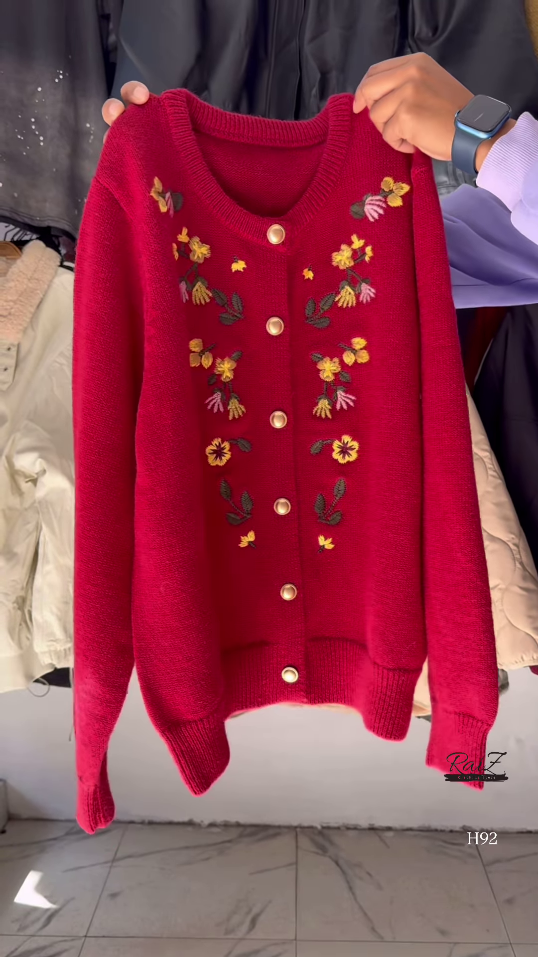 Floral Embroidered Knit Cardigan with Gold Buttons 🧥 Available in Red, Black, Lavender, Mustard & Rose Pink - Image 3