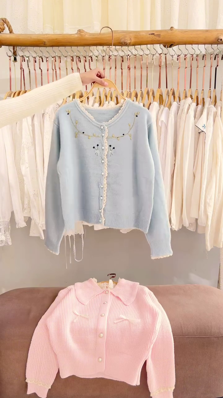 Lace-Trim Floral Embroidered Sweaters & Bow-Collar Buttoned Tops 🧥 Available in Blue & Pink - Image 11