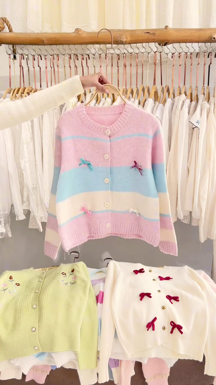 Lace-Trim Floral Embroidered Sweaters & Bow-Collar Buttoned Tops 🧥 Available in Blue & Pink - Image 10