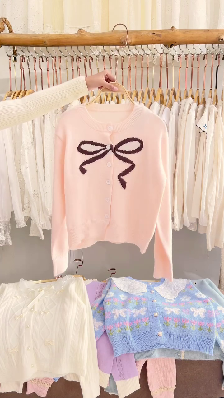 Lace-Trim Floral Embroidered Sweaters & Bow-Collar Buttoned Tops 🧥 Available in Blue & Pink - Image 5