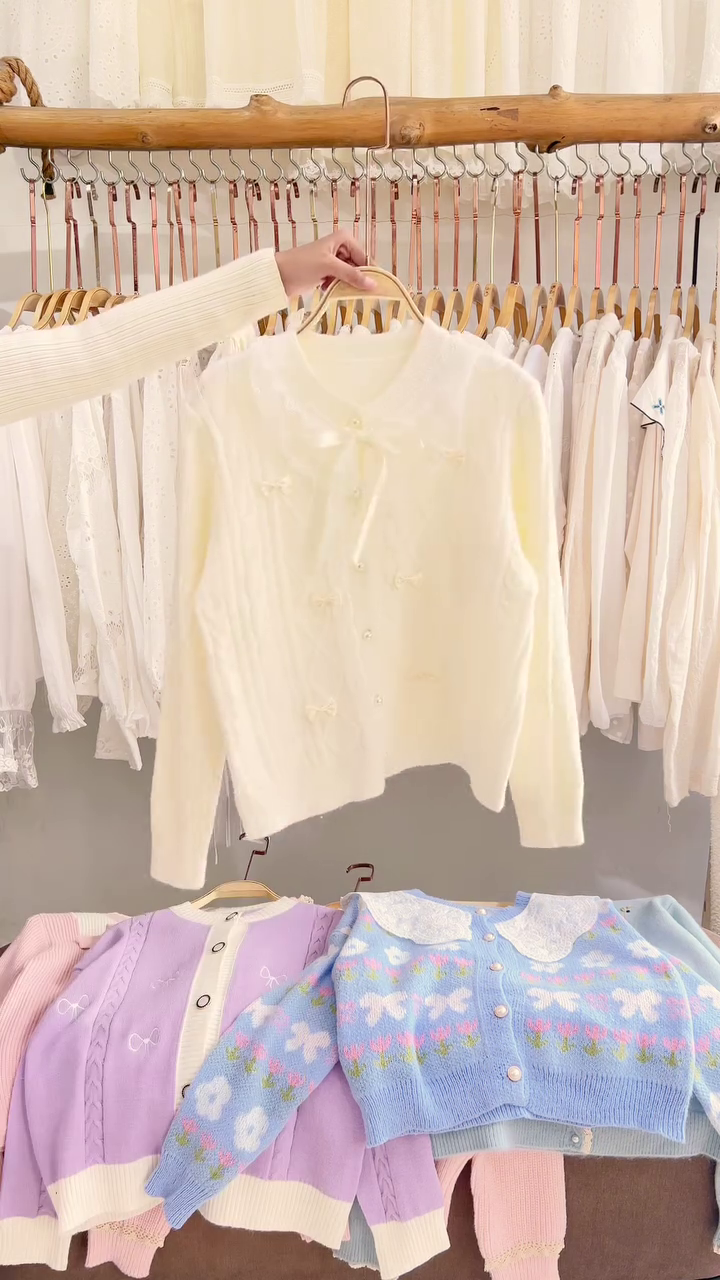 Lace-Trim Floral Embroidered Sweaters & Bow-Collar Buttoned Tops 🧥 Available in Blue & Pink - Image 6