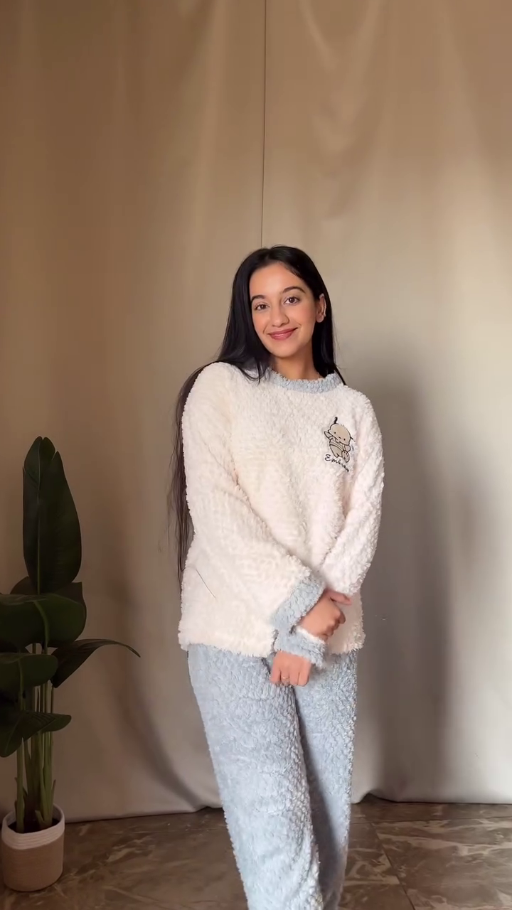 Fluffy Cartoon Co-ord Set 🐾 White Top & Blue Pants – Ultra Cozy Loungewear - Image 3