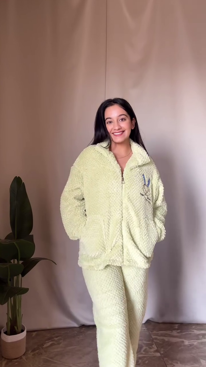 Fluffy Cartoon Co-ord Set 🐾 White Top & Blue Pants – Ultra Cozy Loungewear - Image 4