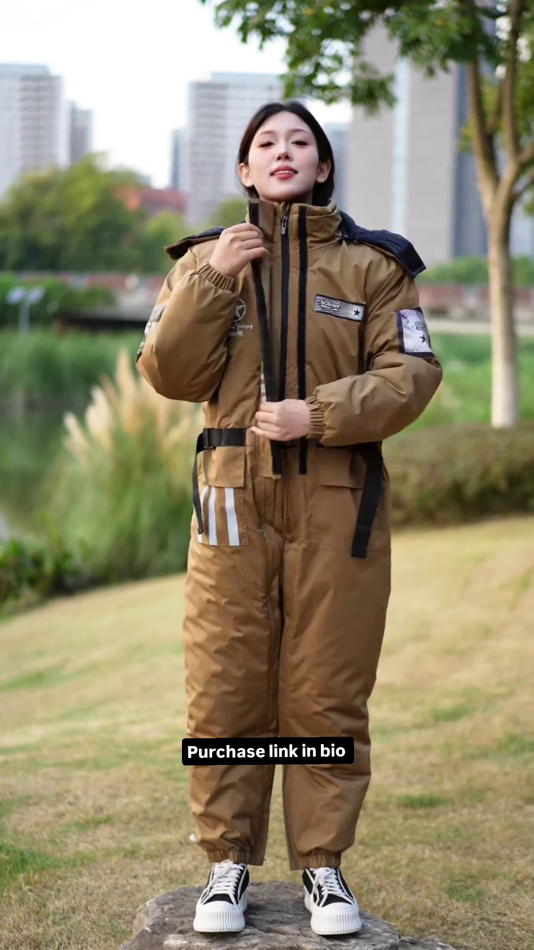 Brown Utility Jumpsuit 🚧 with Reflective Strips & Patch Details - Image 2