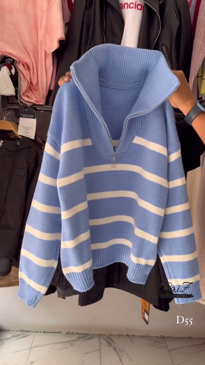 Striped Knit Sweater Collection 🧶 Half-Zip & Crew Styles – Cream, Blue, Red & More - Image 7