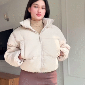 Beige Puffer Jacket Look 🤍 with Brown Leggings – Soft & Stylish Winterwear