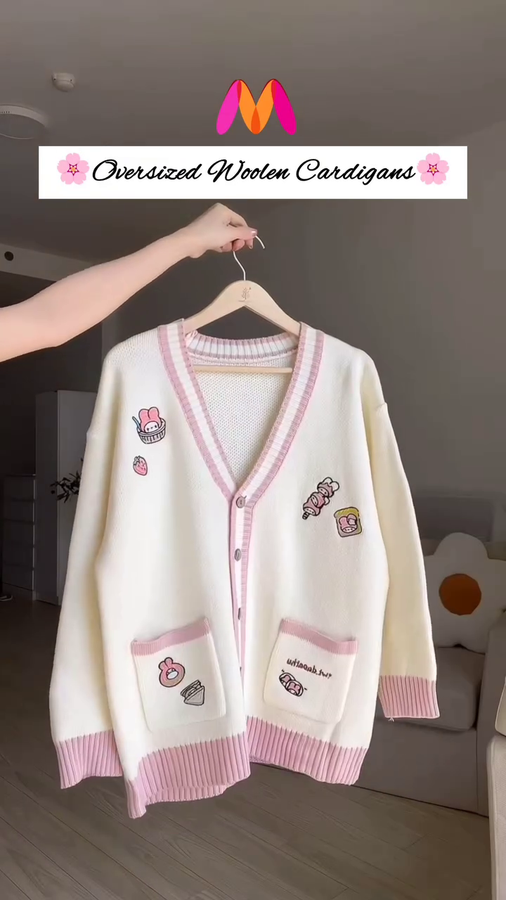 Oversized Woolen Cardigan π§΅π With Bow Pockets & Emblem Detail β White & Blue Variant - Image 5