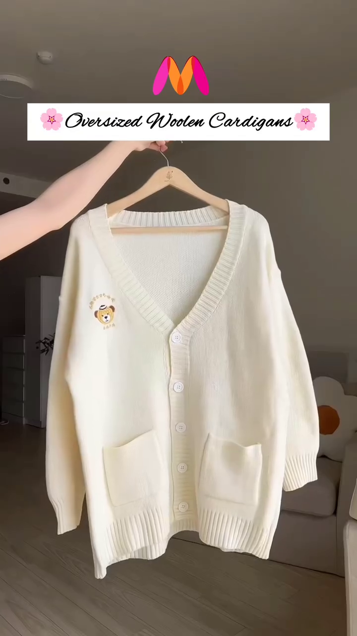 Oversized Woolen Cardigan π§΅π With Bow Pockets & Emblem Detail β White & Blue Variant - Image 6