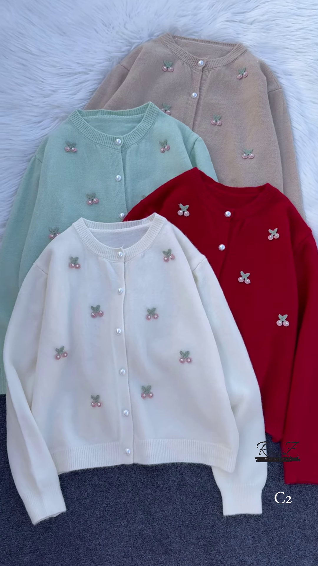 Cherry Embroidered Knit Cardigans ππ§Ά With Pearl Buttons β Beige, Mint, Red & White Variants - Image 9