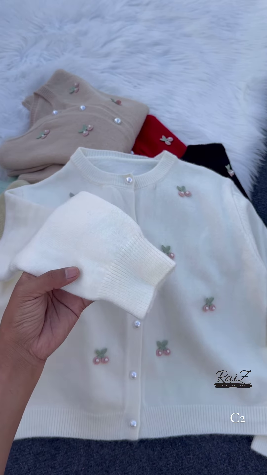 Cherry Embroidered Knit Cardigans ππ§Ά With Pearl Buttons β Beige, Mint, Red & White Variants - Image 8