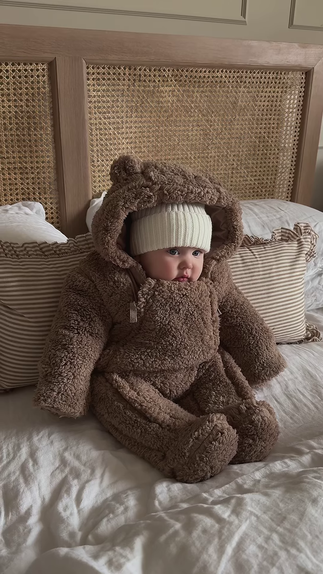 Plush Bear-Hooded Doll Outfit 🧸🛏 With Furry Texture & Ear Detail – Brown Variant - Image 3