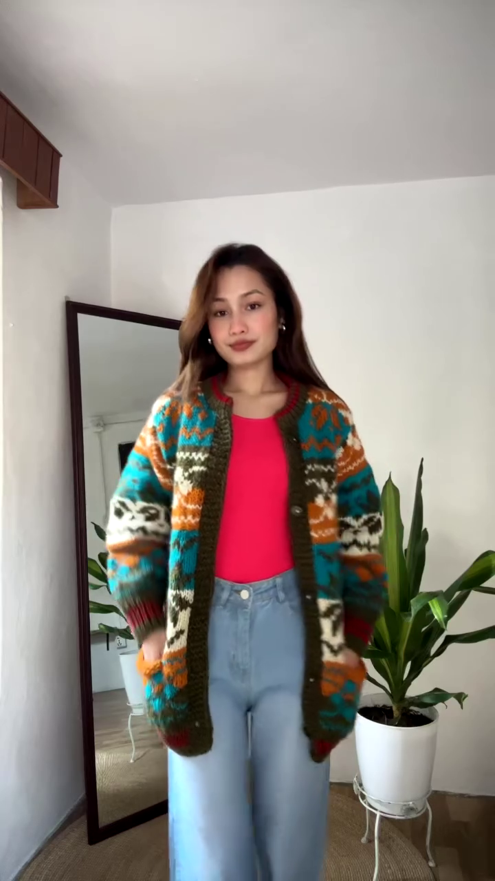 Multicolor Patterned Knit Cardigan π§₯π β Styled Over Red Top & Light Blue Jeans - Image 3