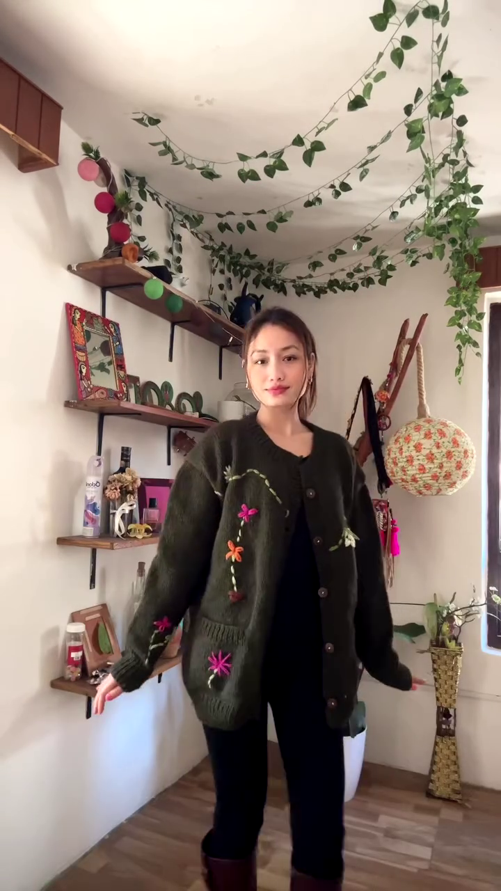 Floral Embroidered Knit Cardigan πΏπ§₯ β Dark Green Layer Styled with Black Pants & Brown Boots - Image 2