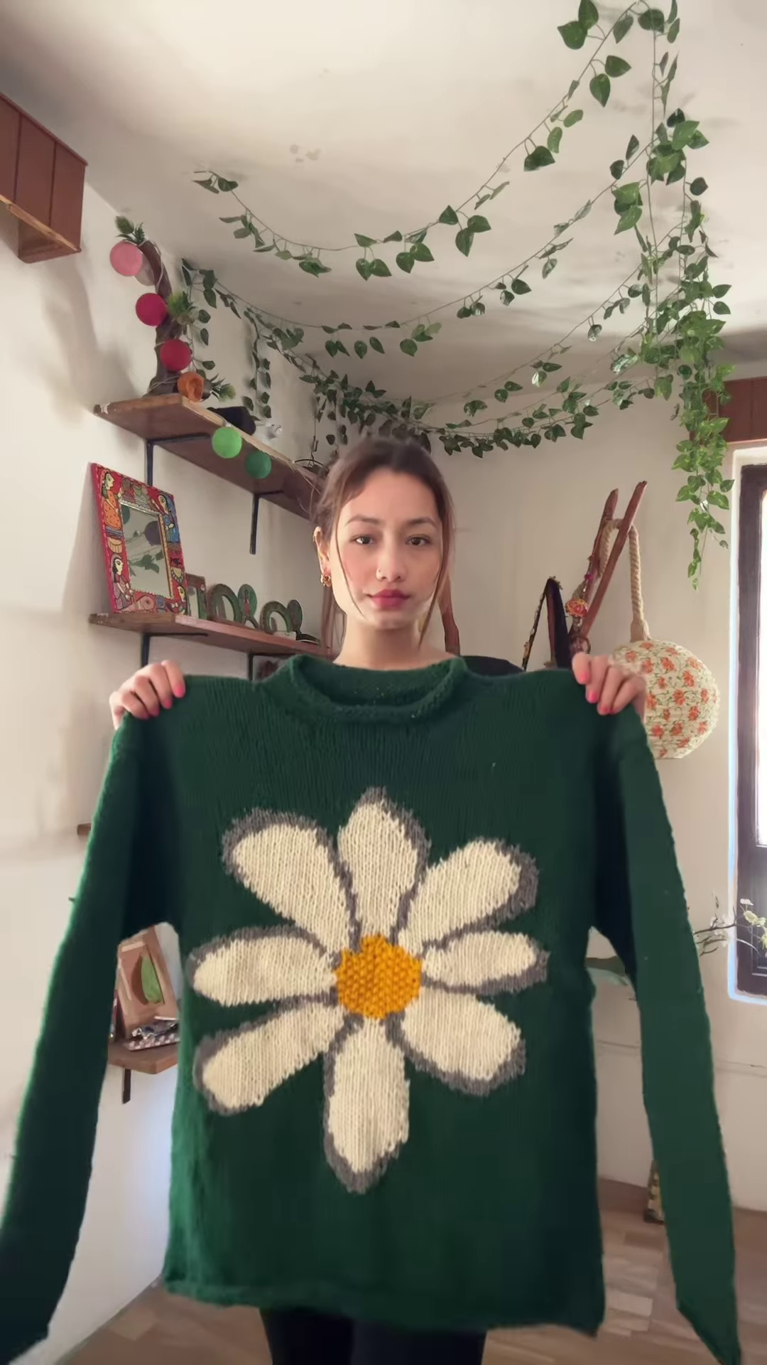 Green Floral Knit Sweater 🌼🧥 – Oversized White Flower Design Styled with Blue Jeans - Image 2