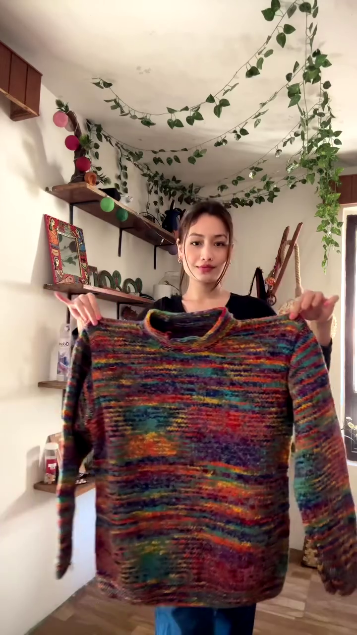 Handmade Multicolor Textured Knit Sweater 🌈🧶 – Cozy Rainbow Layer Styled in Decor-Rich Setting - Image 3