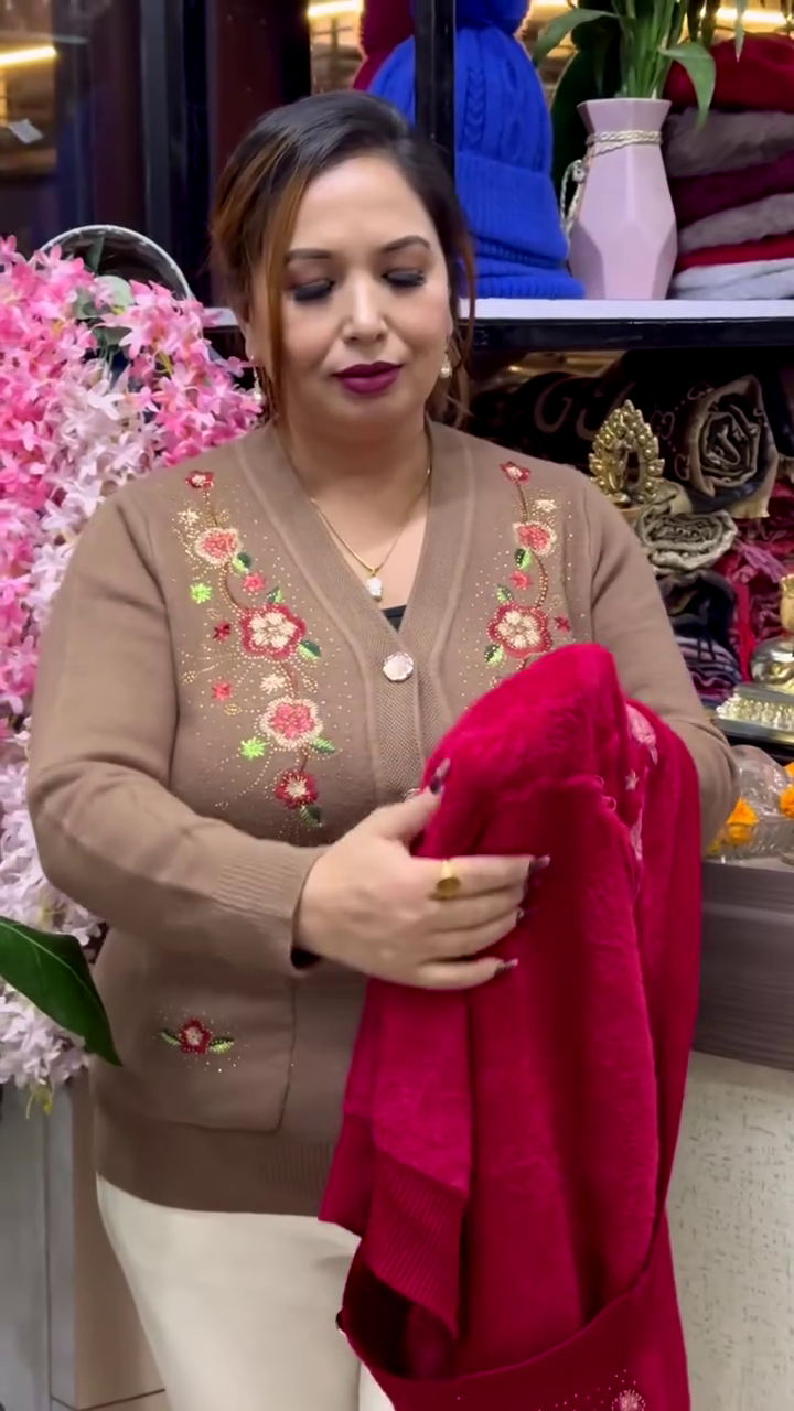 Floral Embroidered Knit Cardigans πΈπ§₯ β Beige, Maroon & Purple Variants with Button-Up Front & Pocket Detailing - Image 2