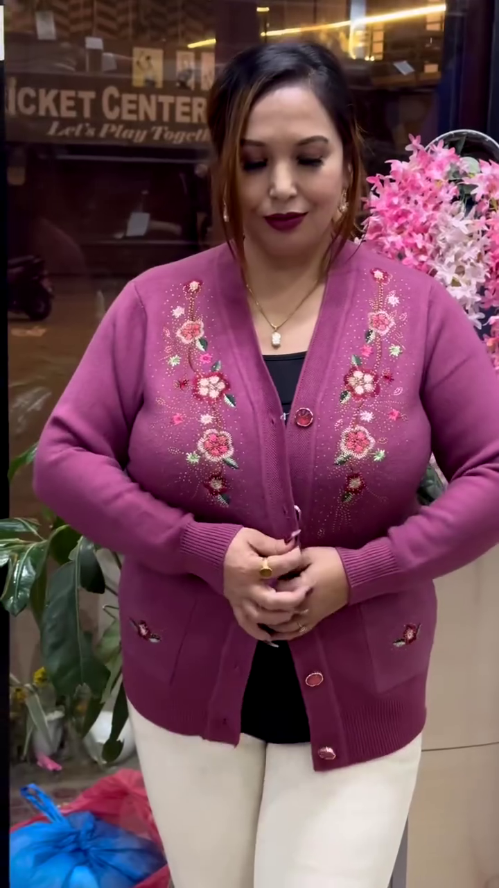 Floral Embroidered Knit Cardigans πΈπ§₯ β Beige, Maroon & Purple Variants with Button-Up Front & Pocket Detailing - Image 7