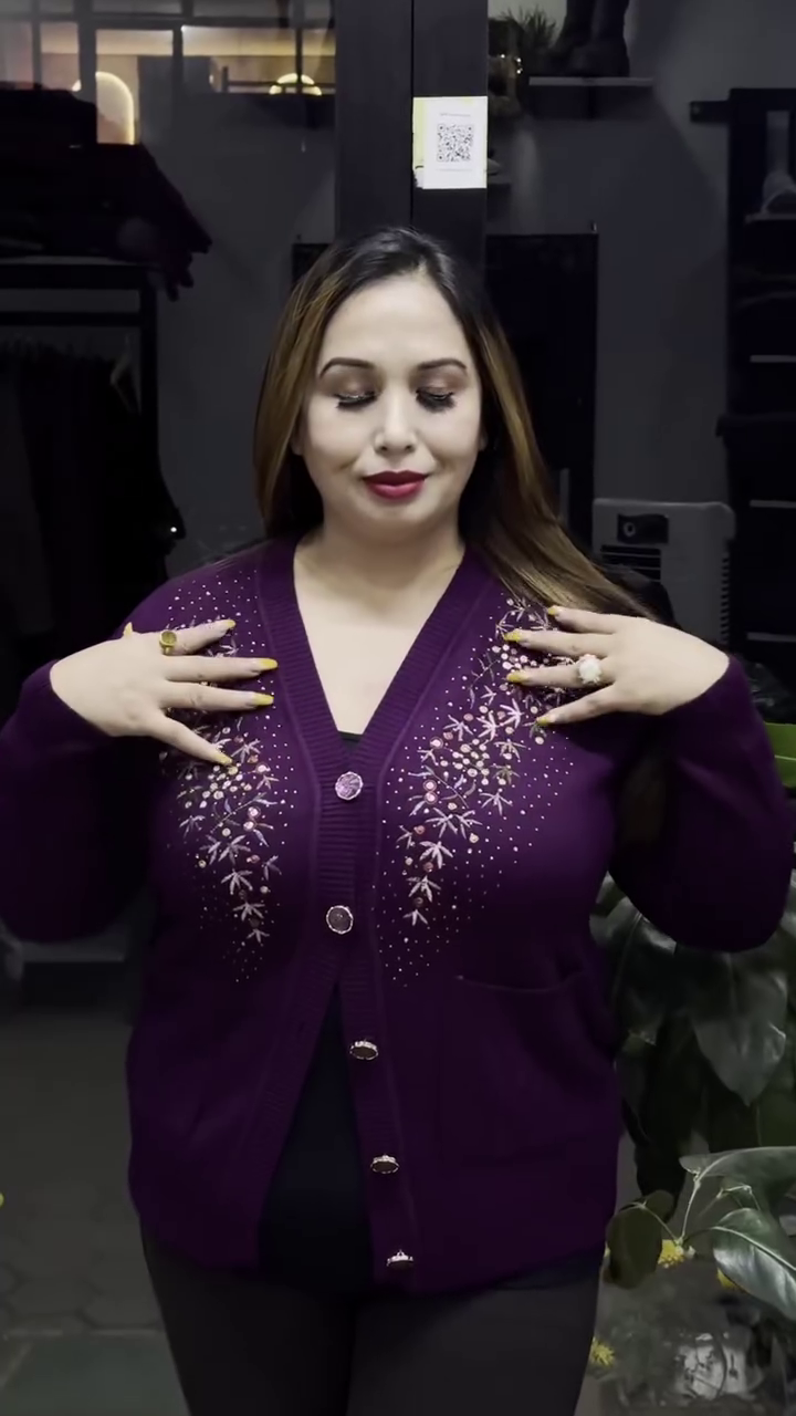 Floral V-Neck Knit Cardigans 🌸🧥 – Purple, Black & Beige Variants with Button Closure & Boutique Styling - Image 2