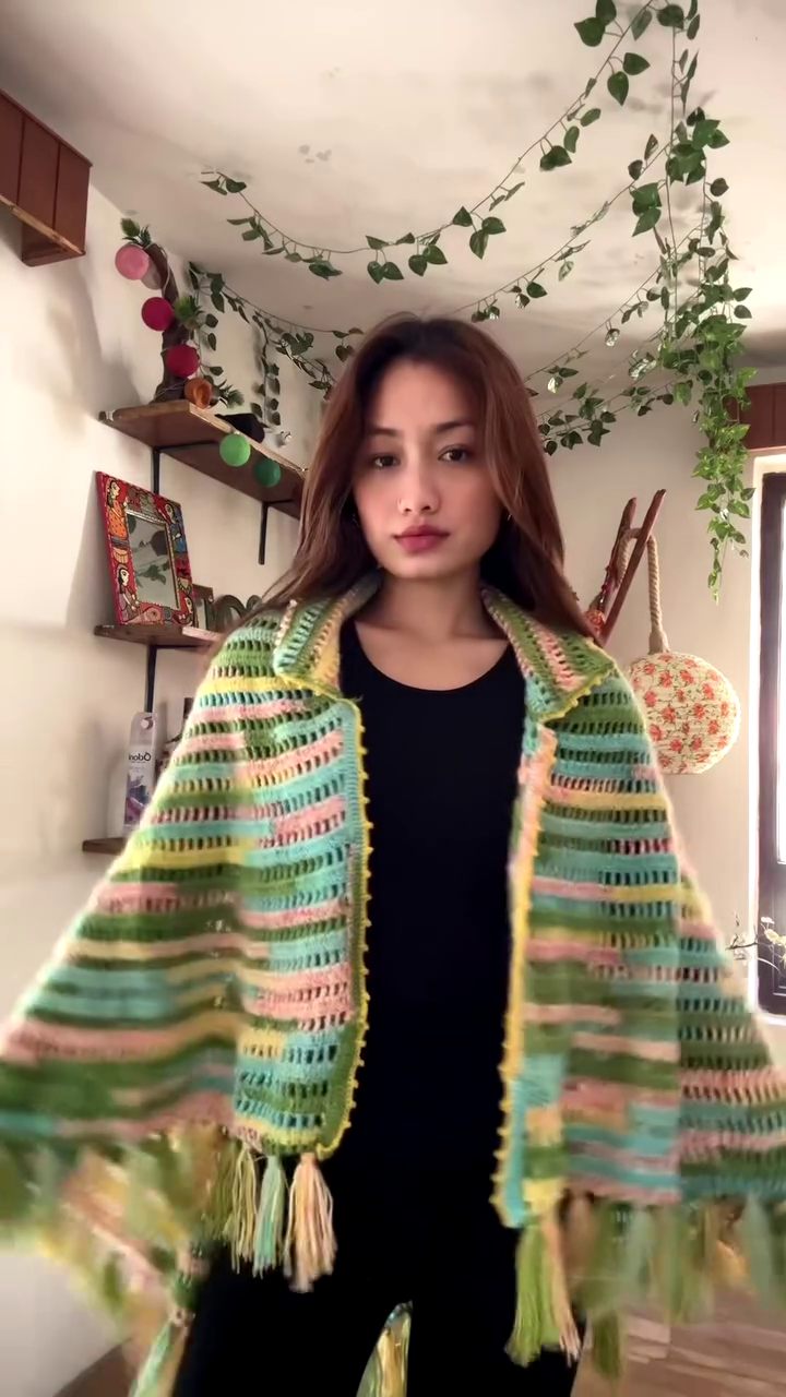 Multicolor Crocheted Shawl with Fringe Detailing 🧶🌈 – Boho Knit Layer Styled Over Black Top - Image 2