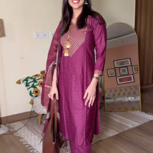 Wine Cotton Kurta Set with Dupatta