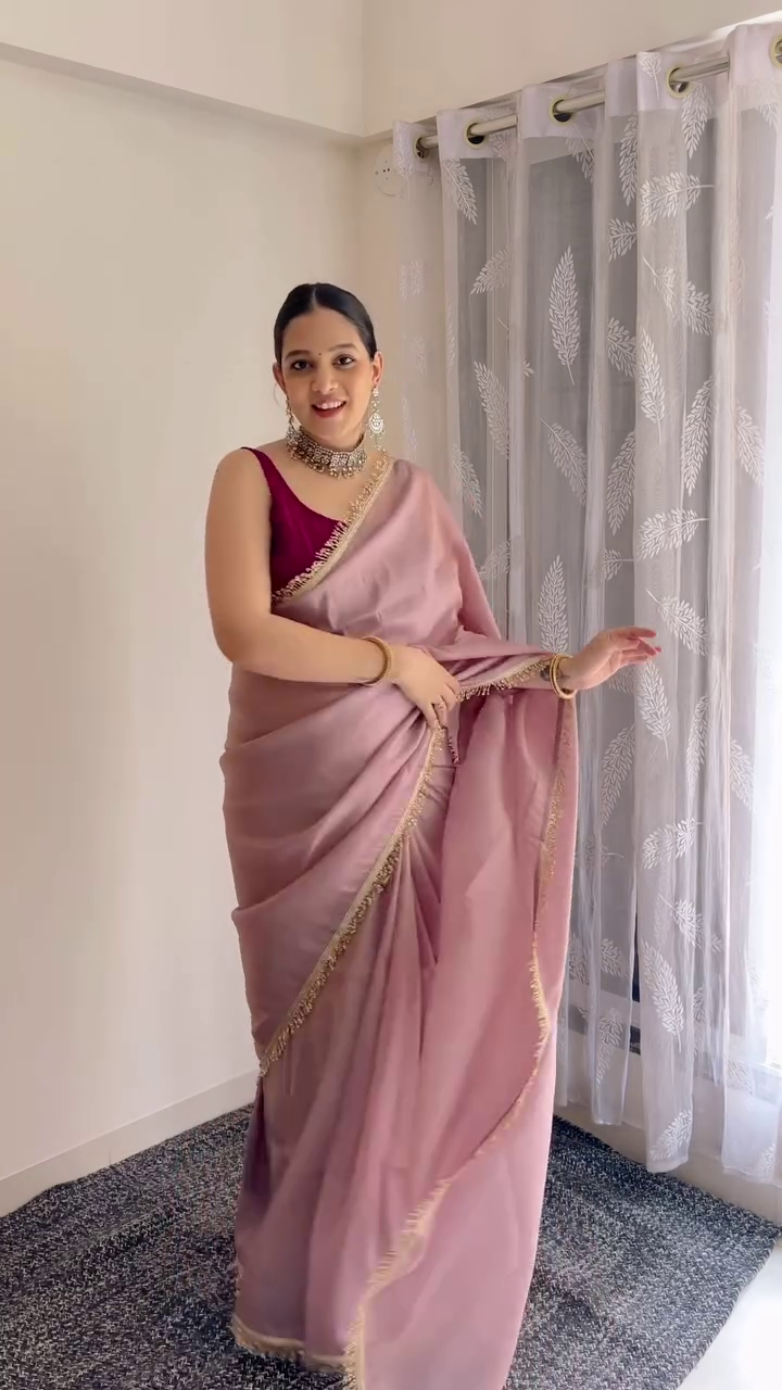 Blush Pink Organza Saree with Golden Lace Border