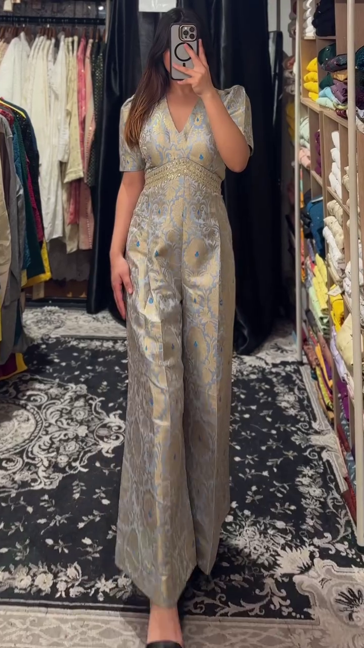 Regal Brocade Jumpsuit in Silver & Sky Blue