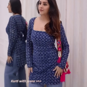 Navy Blue Printed Kurti with Jeans