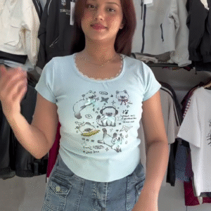 Sky Blue Graphic Tee with Denim Mini Skirt