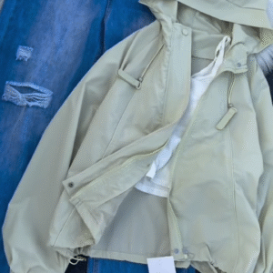 Beige Hooded Jacket with Ripped Blue Denim