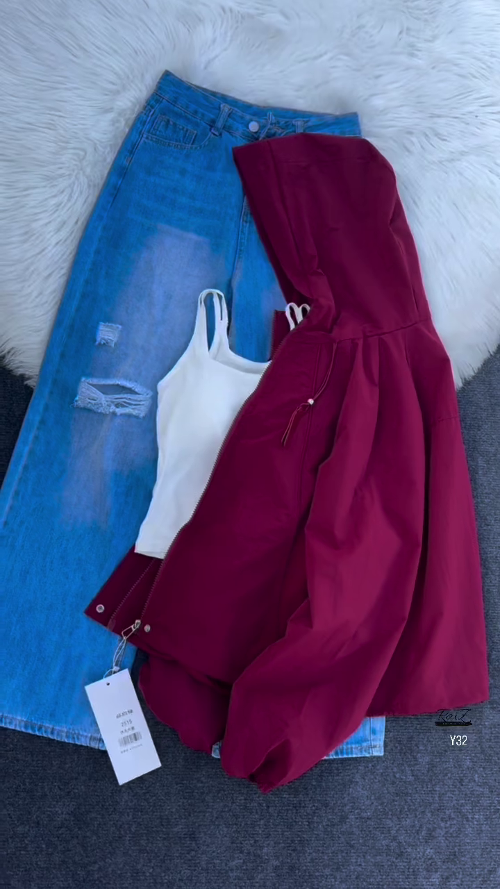 Beige Hooded Jacket with Ripped Blue Denim - Image 2