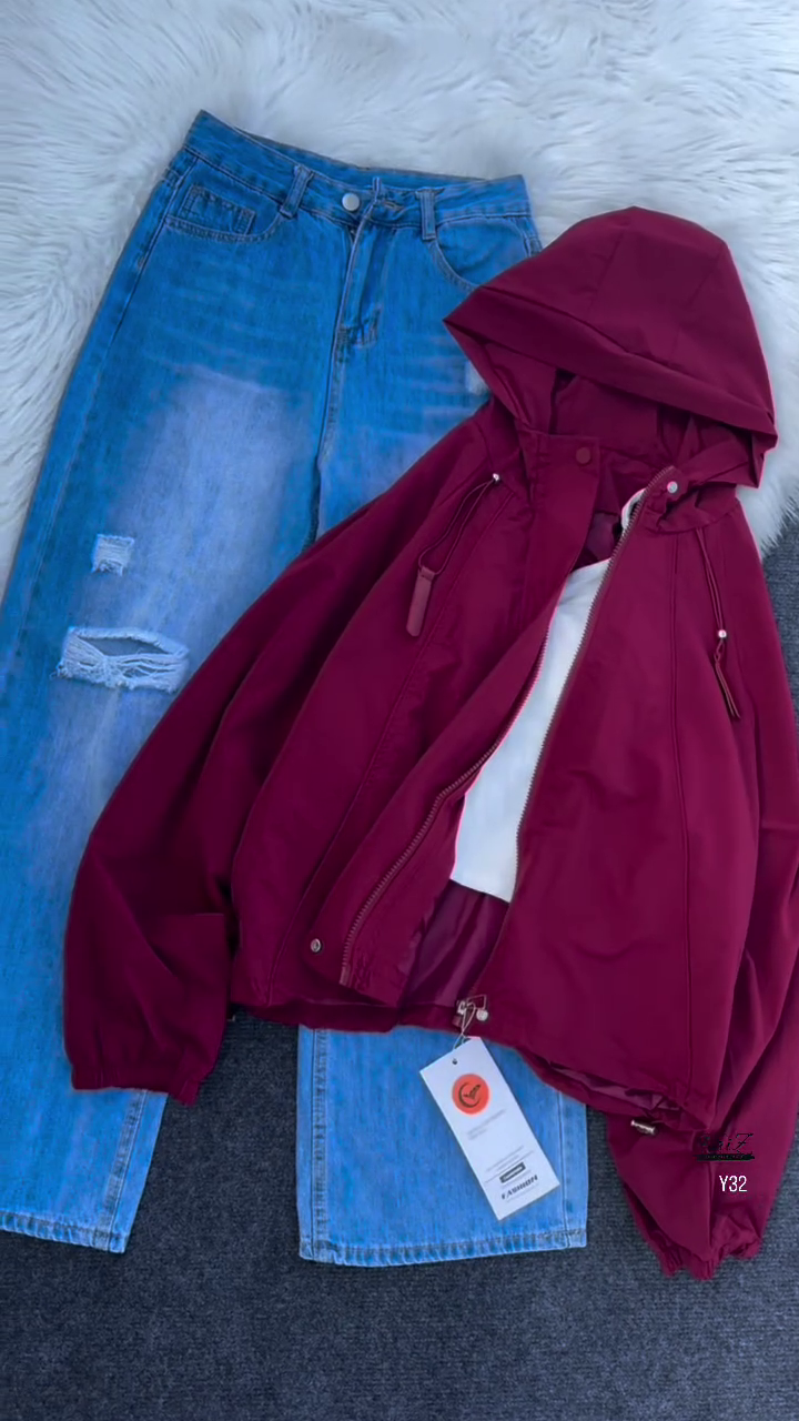 Beige Hooded Jacket with Ripped Blue Denim - Image 3