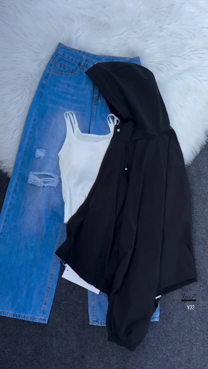 Beige Hooded Jacket with Ripped Blue Denim - Image 6