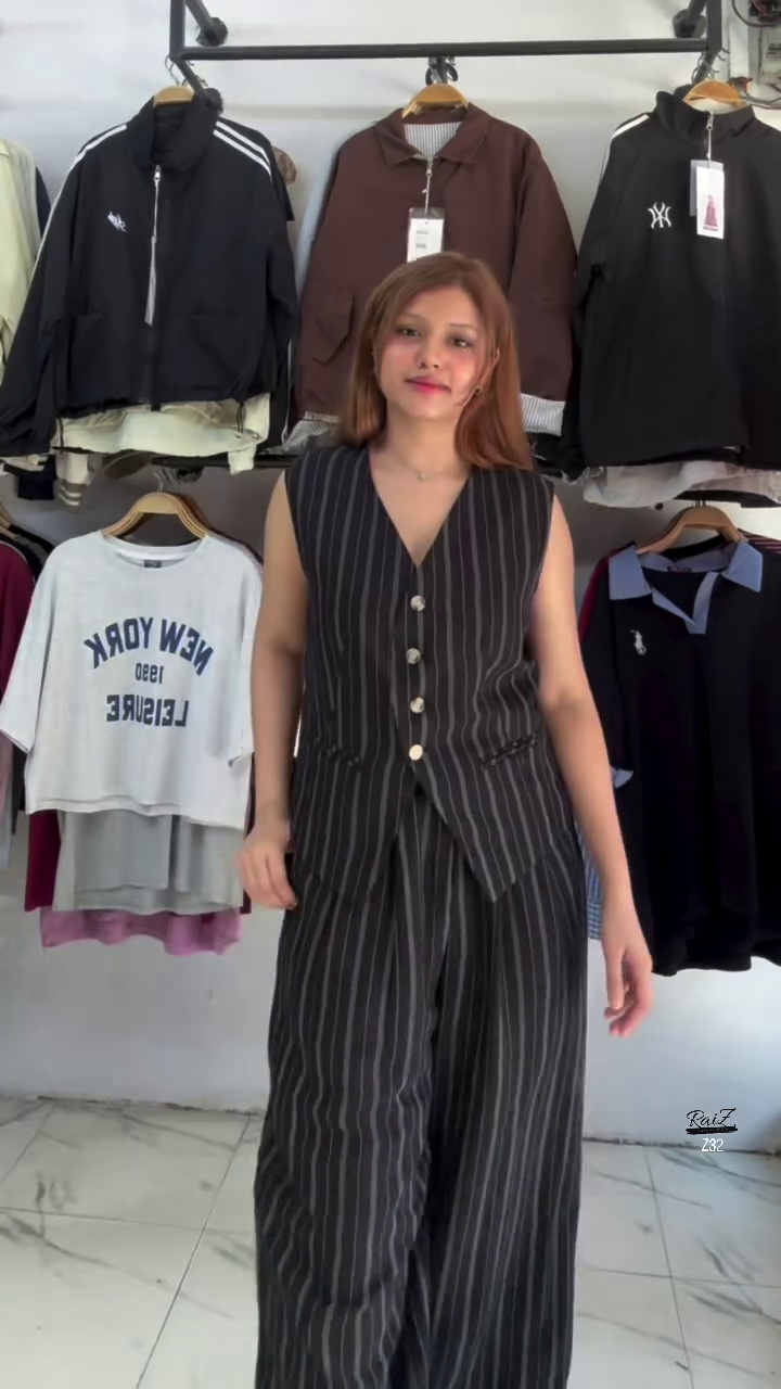 White Striped Co-ord Set with Sleeveless Vest & Wide-Leg Pants - Image 3