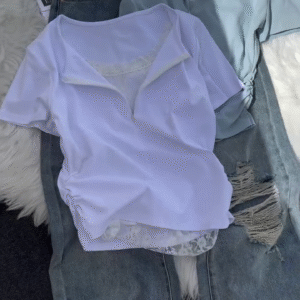 Women’s Grey Lace Detail V-Neck Short Sleeve Top