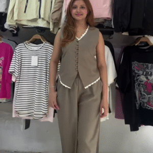 Women’s Black Sleeveless Buttoned Vest & Wide-Leg Pant Co-ord Set