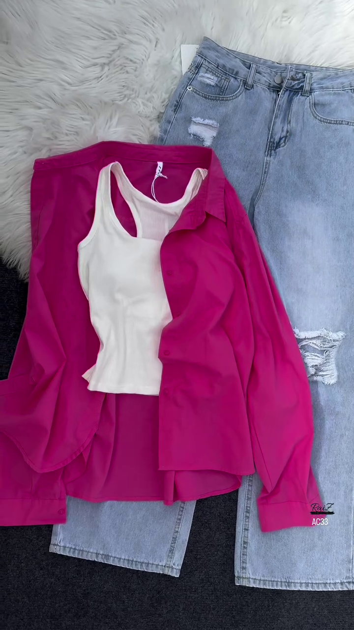 Women’s Casual Layered Outfit – White Tank, Black Button-Up Shirt & Distressed Light-Wash Jeans - Image 2