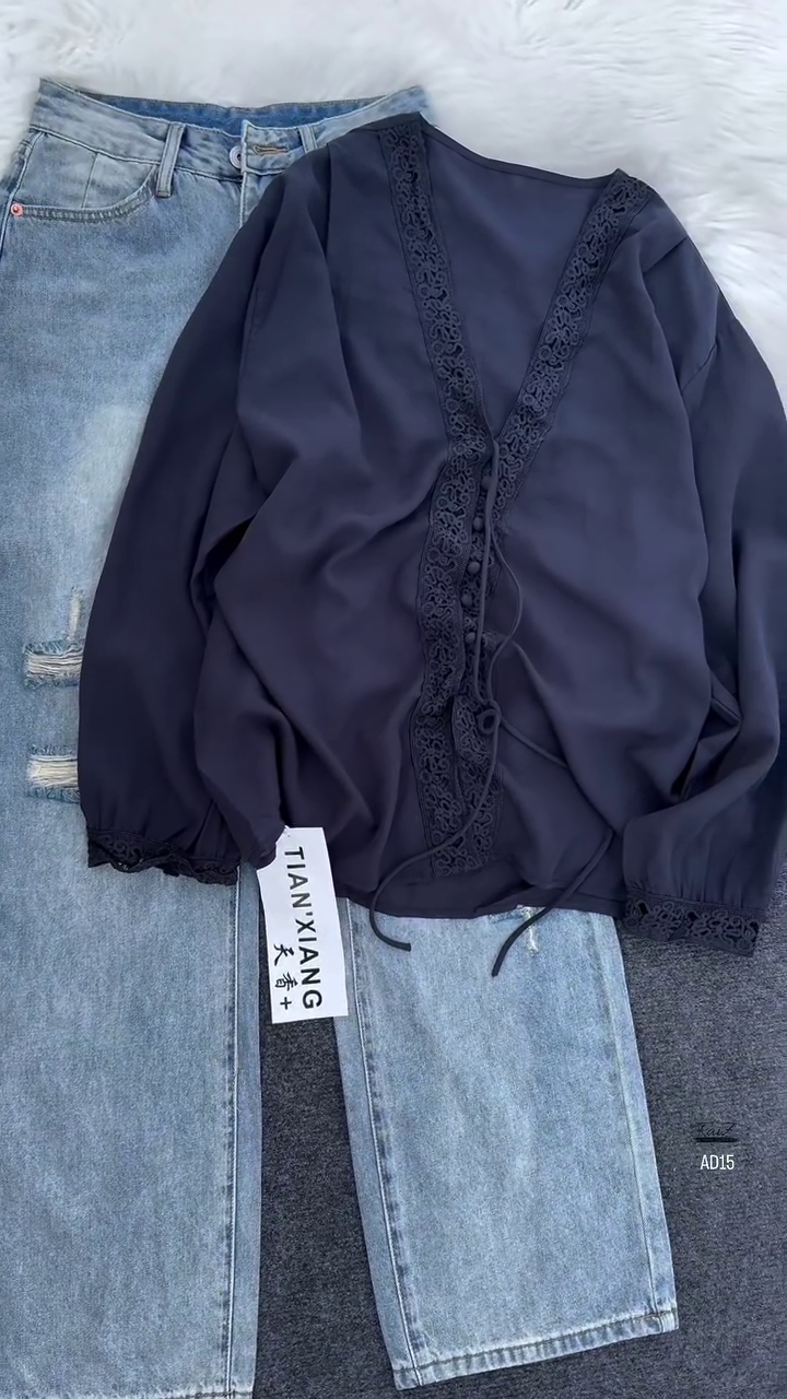 Women’s Elegant Black Lace Blouse with Light-Wash Distressed Jeans Set