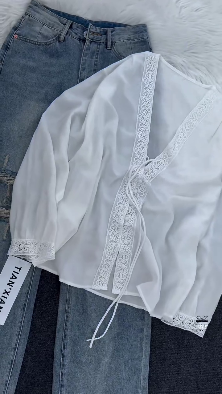 Women’s Elegant Black Lace Blouse with Light-Wash Distressed Jeans Set - Image 4