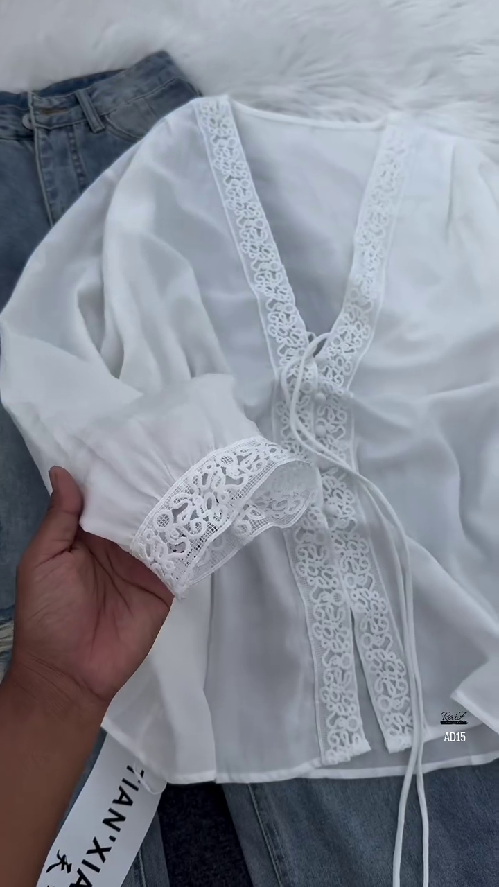 Women’s Elegant Black Lace Blouse with Light-Wash Distressed Jeans Set - Image 3