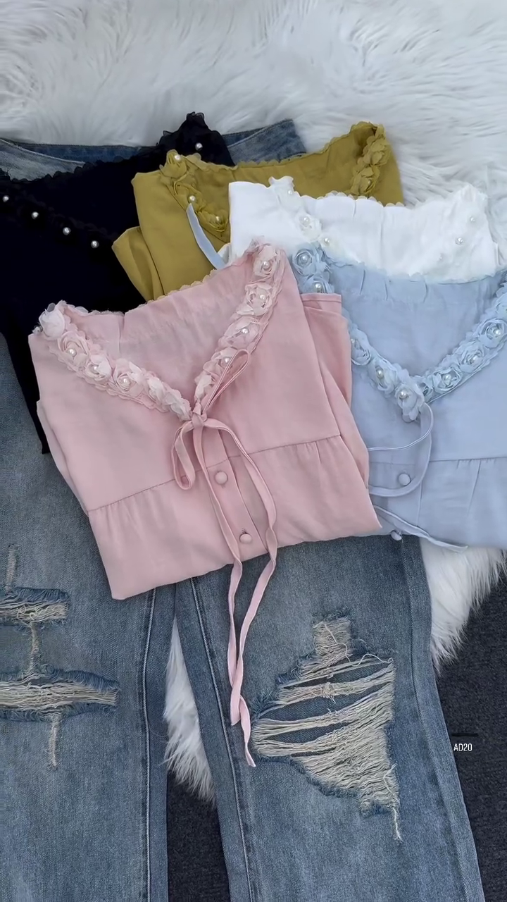 Women’s Floral Appliqué Pearl-Trim Blouse - Image 2