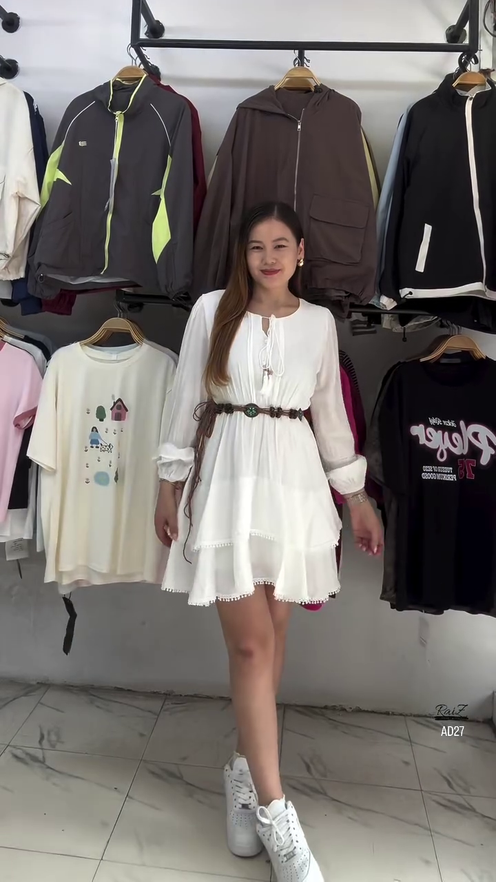 Women’s Cream Boho Long Sleeve Belted Mini Dress - Image 2