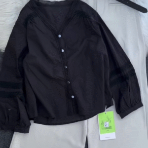 Women’s Black Button-Down Blouse with Beige Wide-Leg Trousers Set