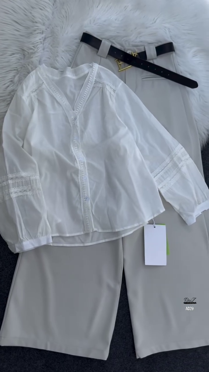 Women’s Black Button-Down Blouse with Beige Wide-Leg Trousers Set - Image 3