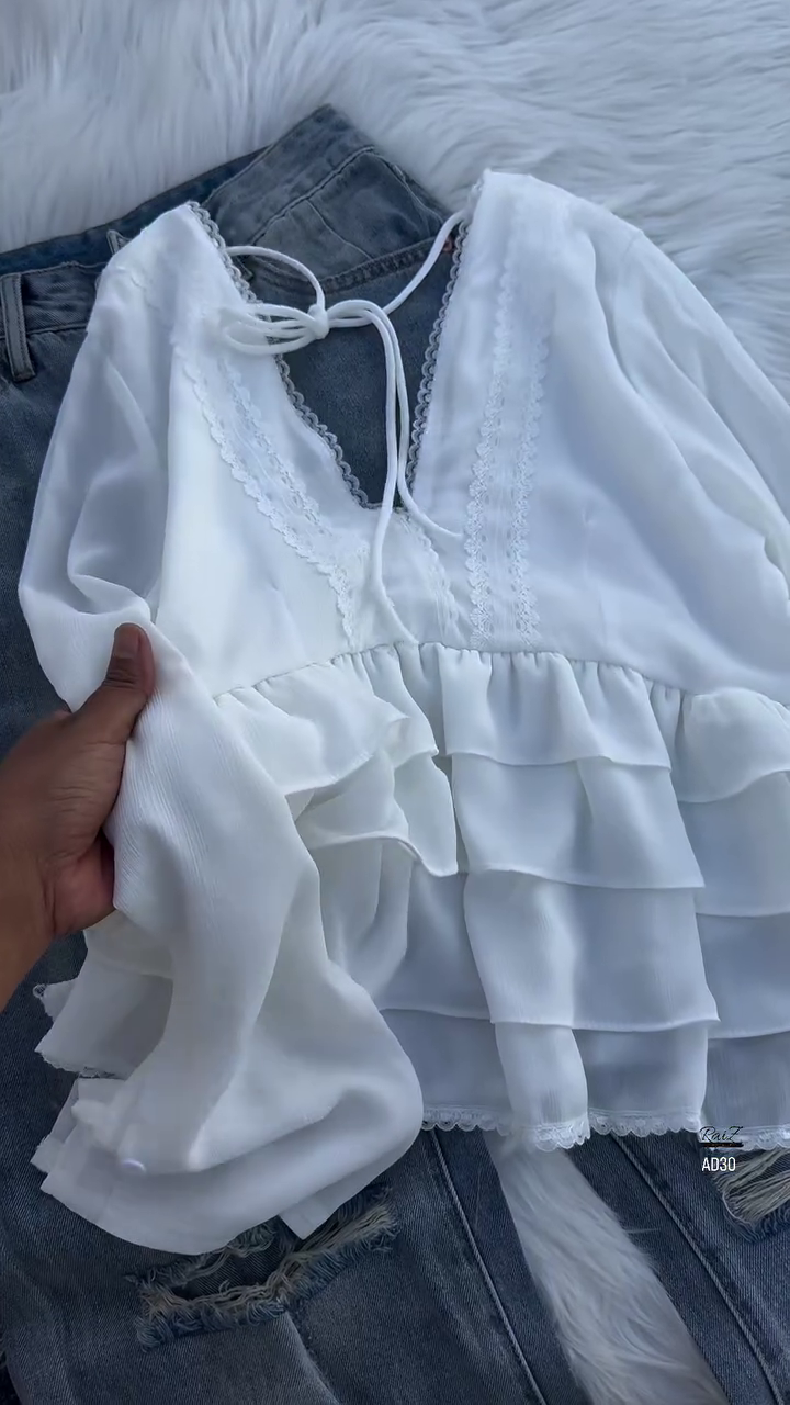 Women’s Layered Ruffle Blouse with Deep V-Neck (Available in Black & White)