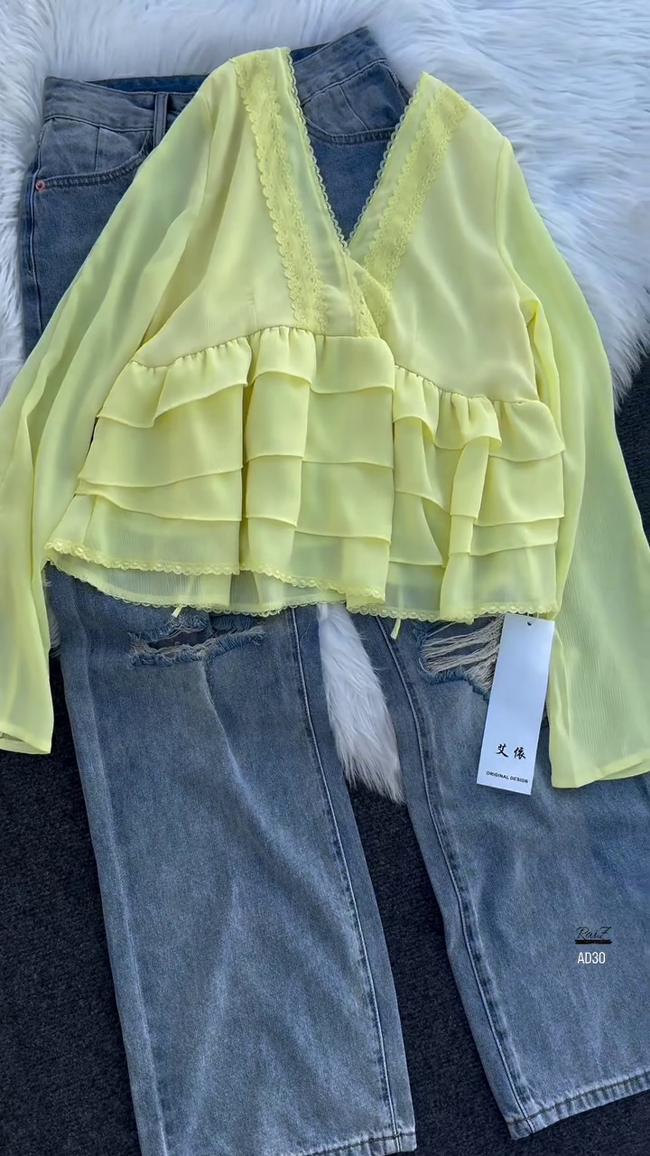 Women’s Layered Ruffle Blouse with Deep V-Neck (Available in Black & White) - Image 2