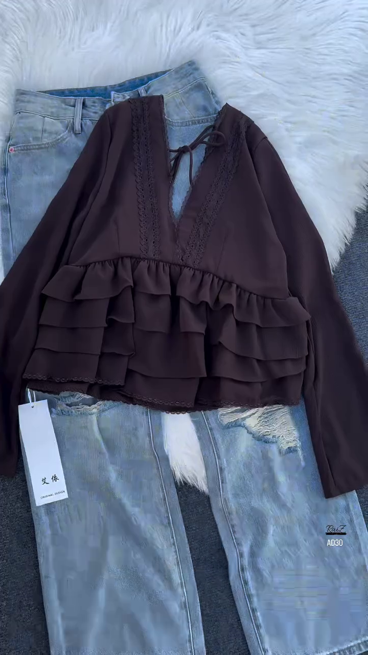 Women’s Layered Ruffle Blouse with Deep V-Neck (Available in Black & White) - Image 3