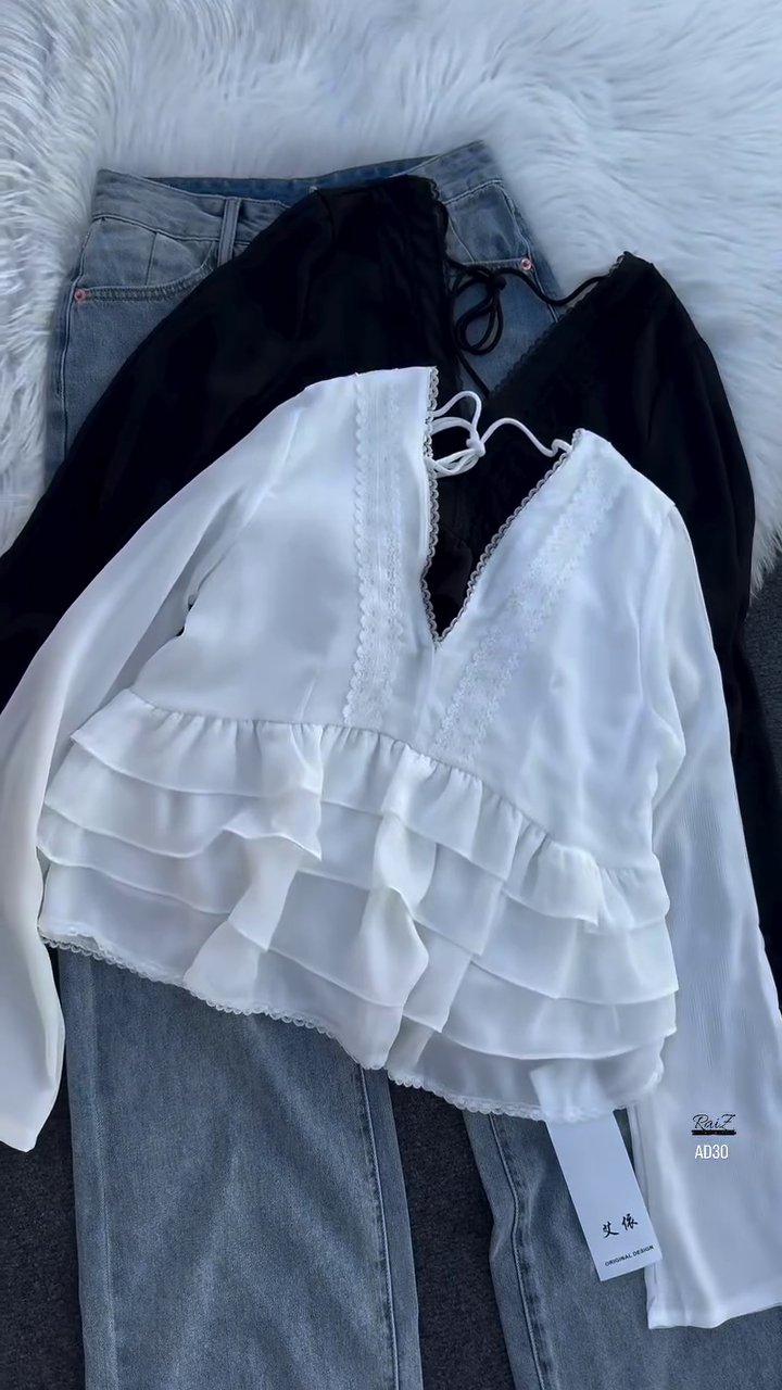 Women’s Layered Ruffle Blouse with Deep V-Neck (Available in Black & White) - Image 4