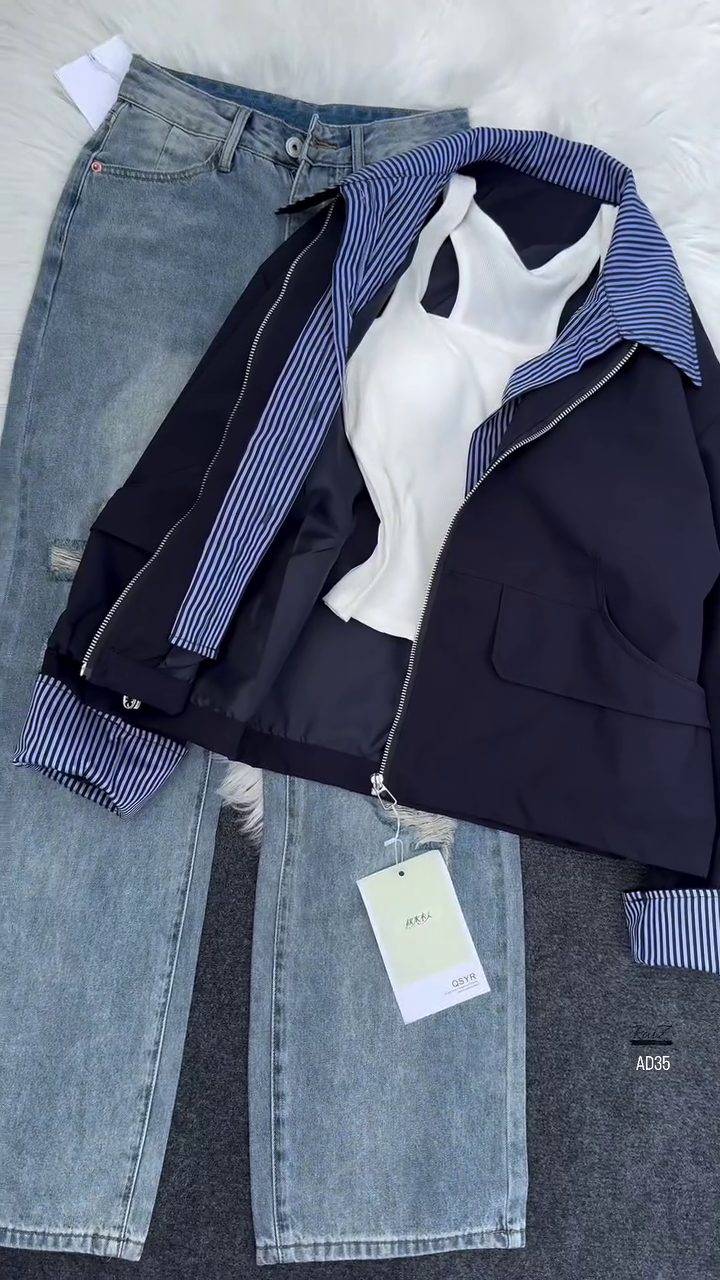 Women’s Casual Zip-Up Jacket with Striped Lining – Navy Blue